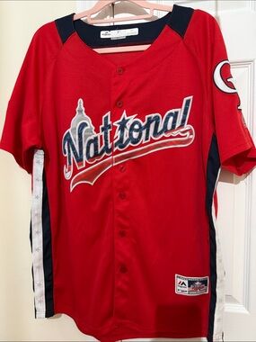 Majestic Red "National" Kids Baseball Jersey with Navy & White Accents
